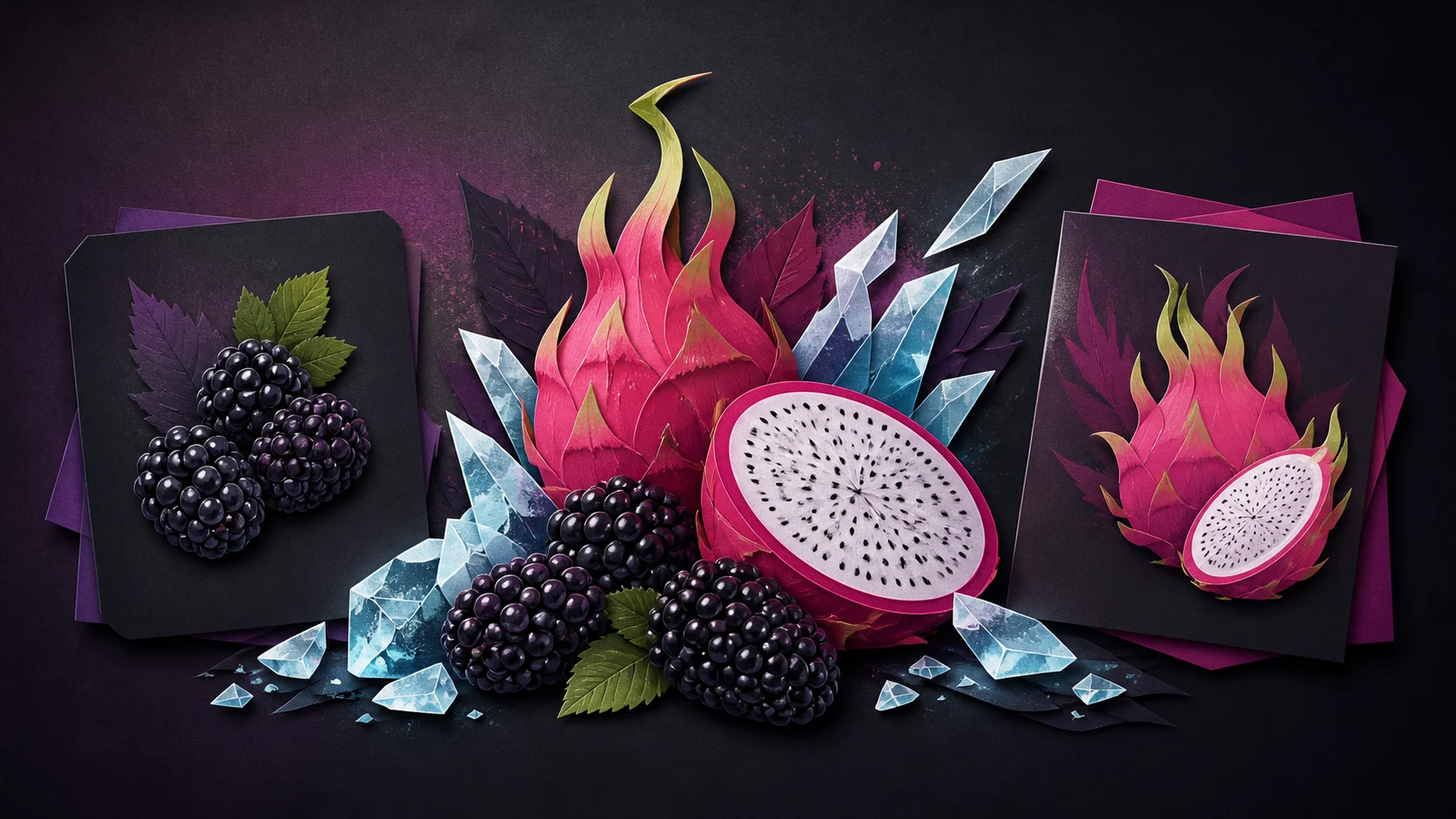 Redakcyjna ilustracja jeżyny, smoczego owocu i lodu dla poradnika Black Dragon Ice