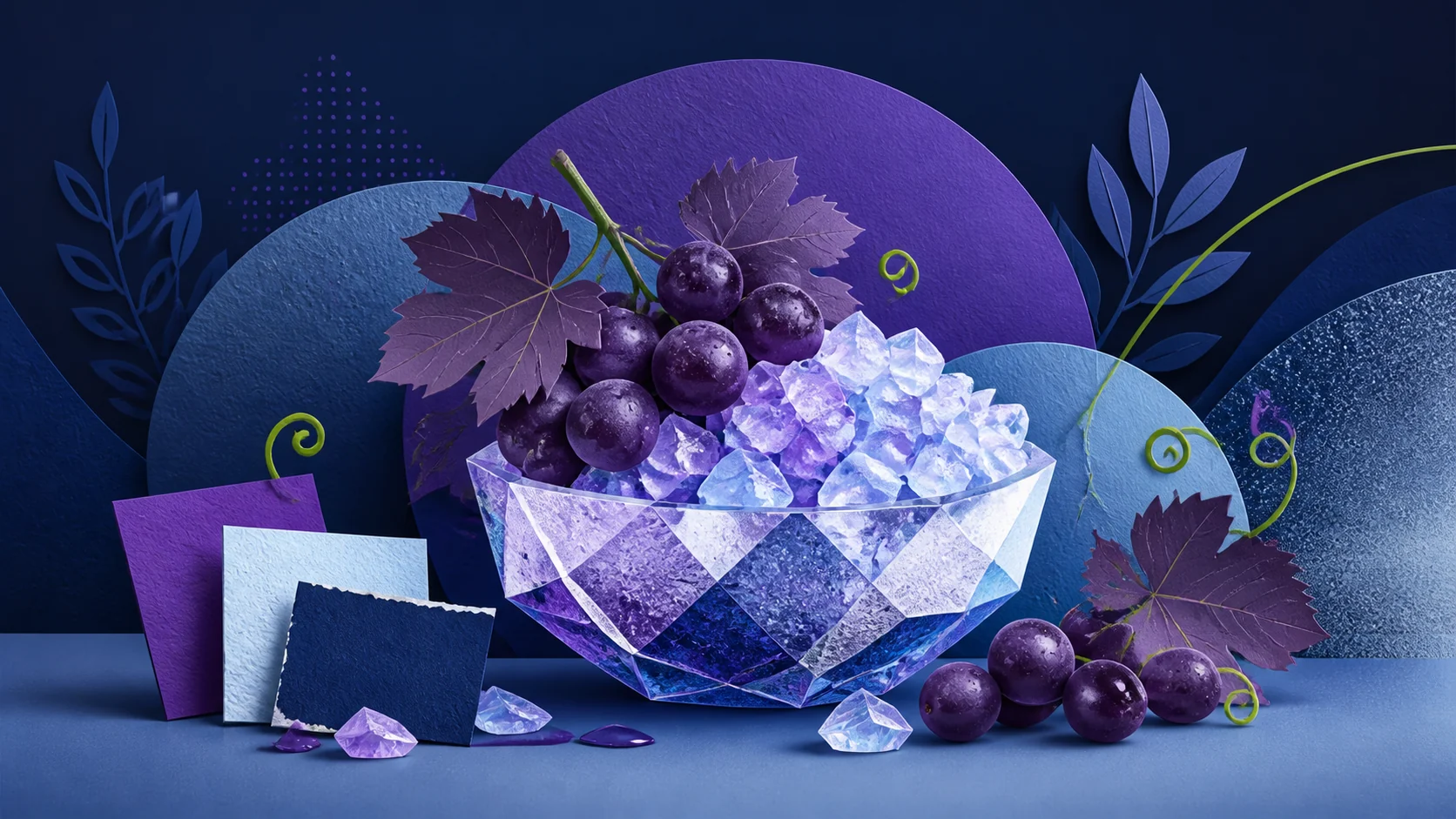Redakcyjna ilustracja winogron i kruszonego lodu dla poradnika Grape Slush