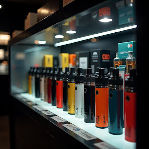 Mężczyzna zamyślony stoi przed oświetloną gablotą w nowoczesnym vape shopie, oglądając kolorowe butelki z e-liquidami i urządzenia do wapowania.