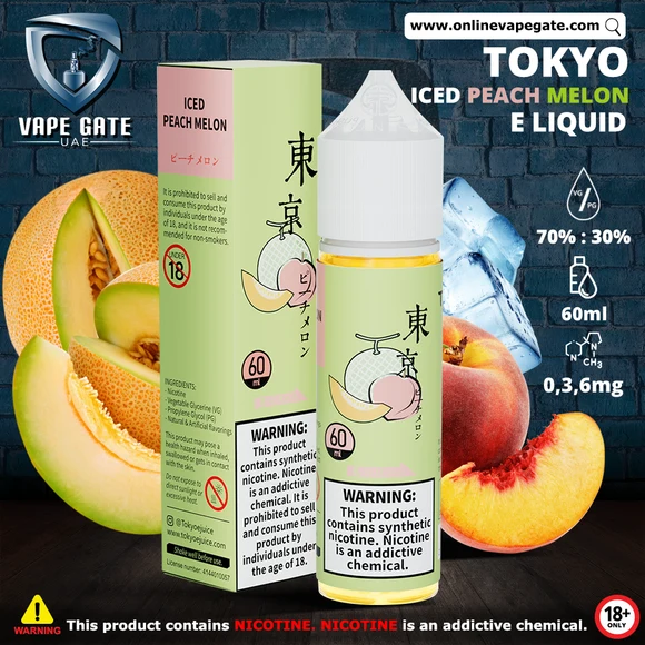 Dynamiczne ujęcie mrożonej brzoskwini i melona z kostkami lodu, stylizowane na płyn do e-papierosa lub kompozycję smaków vape.