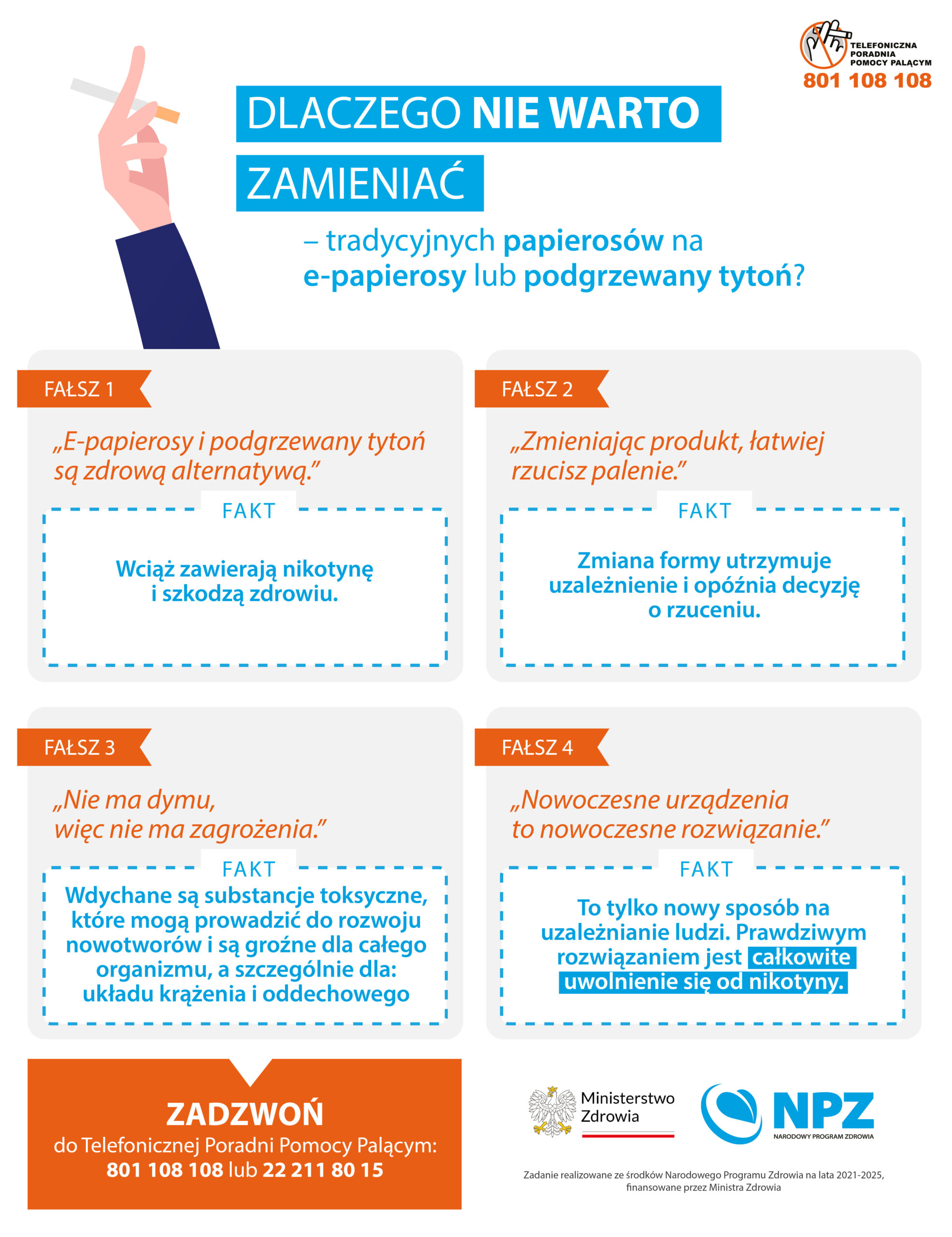 Dwie dłonie, jedna trzymająca klasycznego, zapalonego papierosa z widocznym dymem, a druga nowoczesny e-papieros z delikatną parą, symbolizujące kontrast między tradycją a nowoczesnością.