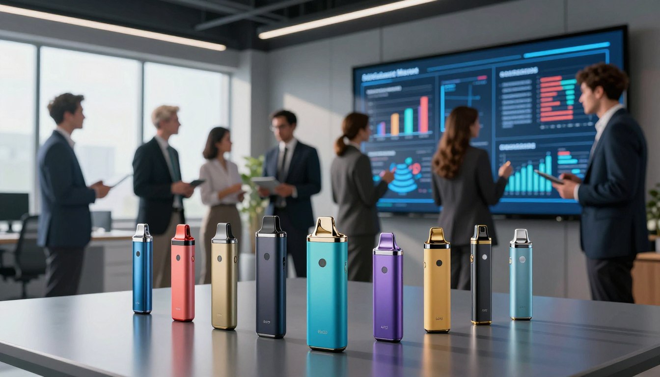 Grafika przedstawiająca koncepcyjnie trzy główne filary innowacji w e-papierosach: inteligentny wyświetlacz, technologia Dual Mesh i system Dual Flavor, z elementami futurystycznego designu.