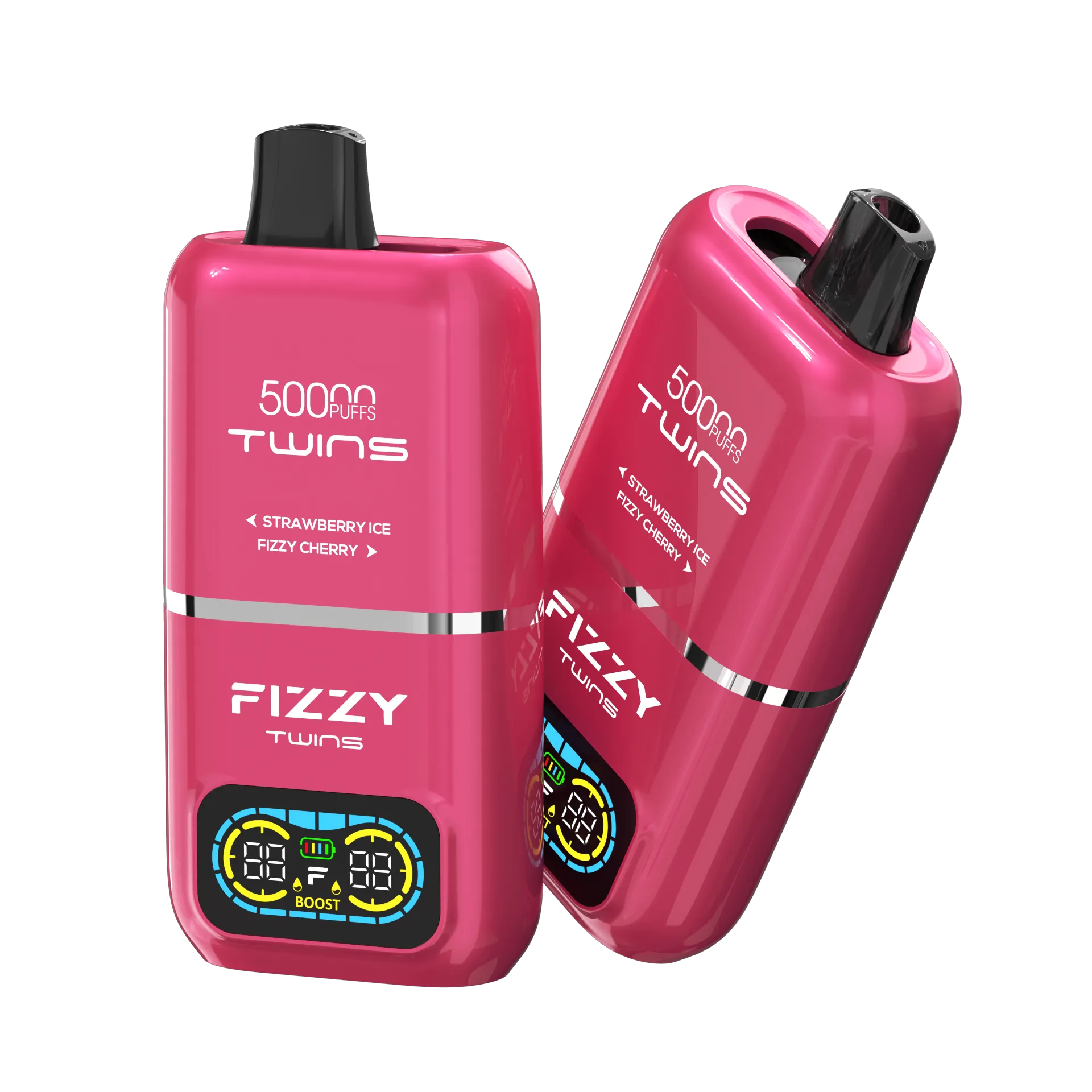 Dwa urządzenia FIZZY Twins Strawberry Ice i Fizzy Cherry na czarnym tle