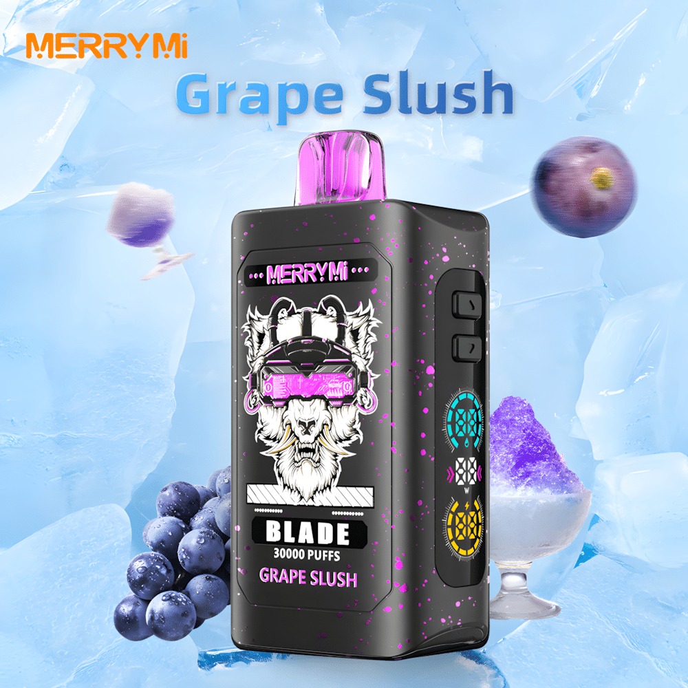 Baner MerryMi Blade 30000 Grape Slush z winogronami i lodowym tłem